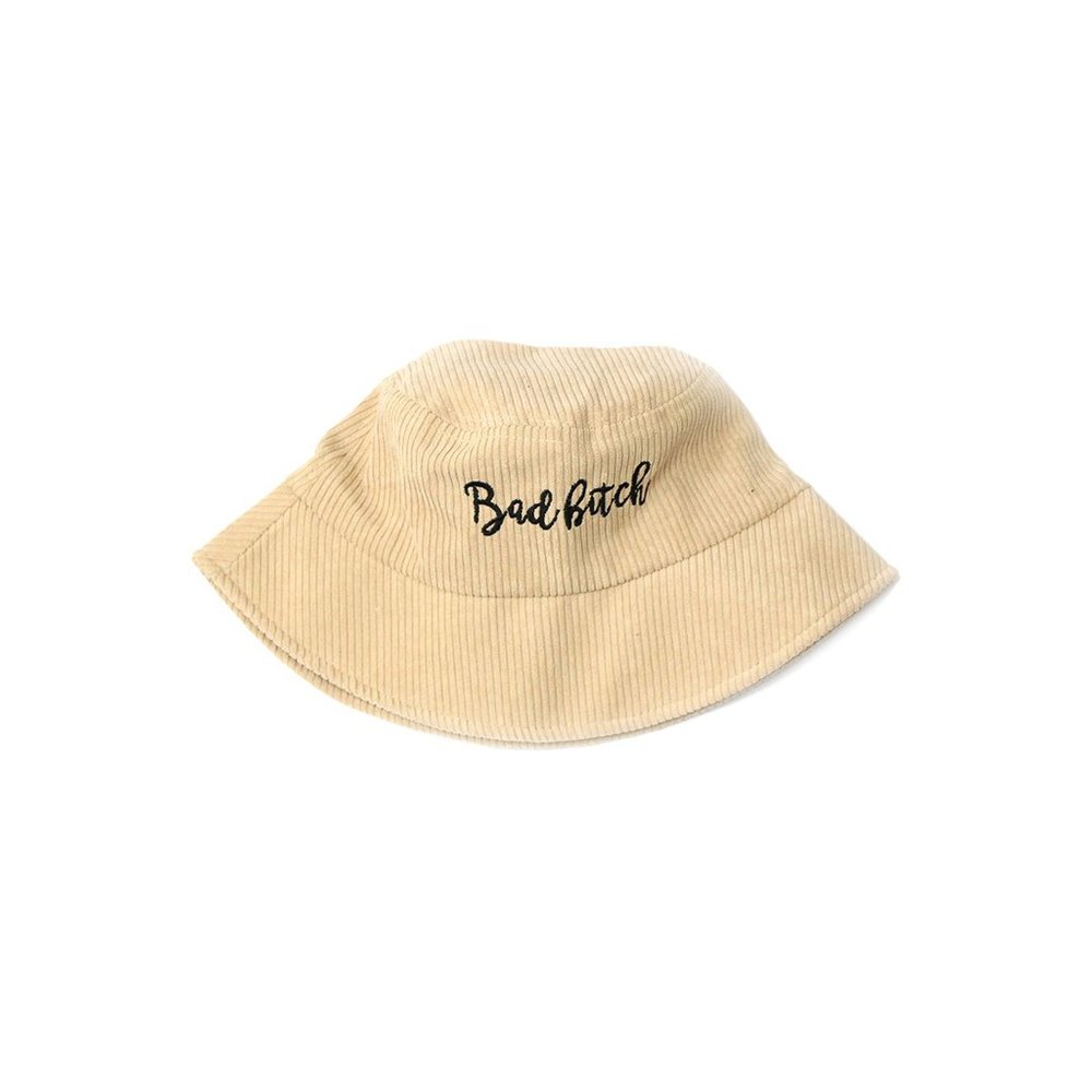 Bad B!tch Cursive Embroidered Bucket Hat - Beige/Black